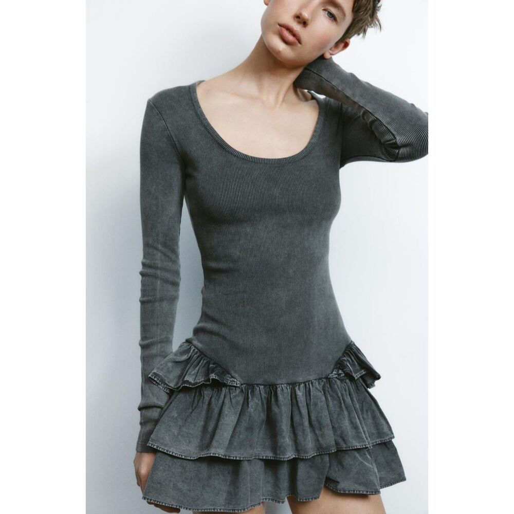 NWT ZARA WASHED-EFFECT RUFFLED DRESS